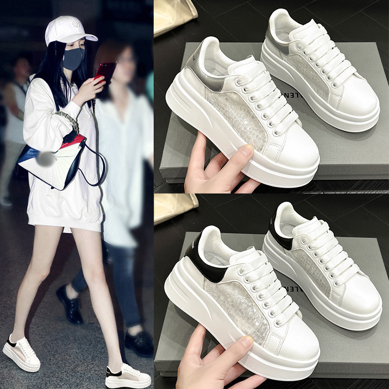 Genuine Leather White Sneakers for Women 2025 Spring and Summer New Thick-Soled Breathable Mesh Sequin Versatile Mcqueen Casual Sports Sneakers