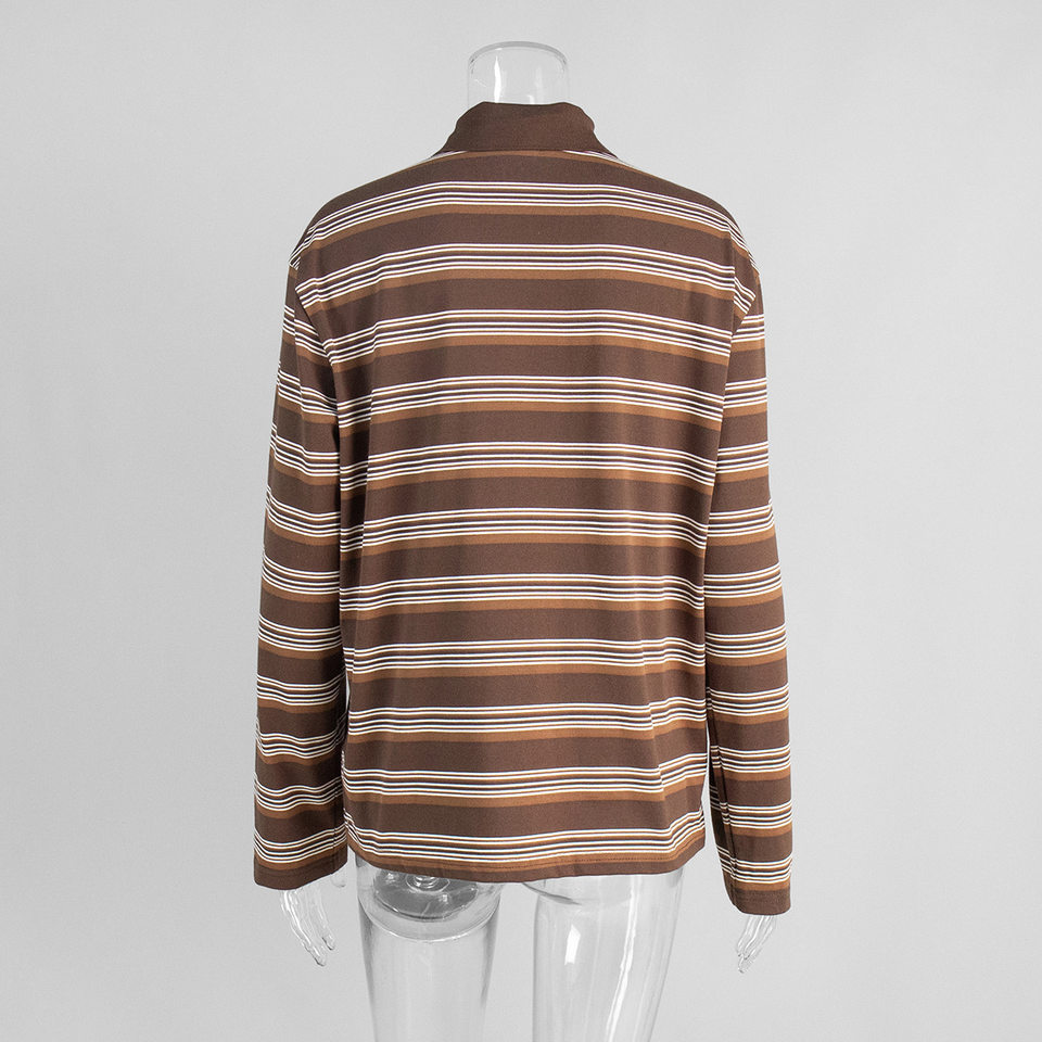 Áo thun nữ sọc dài tay cổ polo dáng rộng phong cách retro — hồng, màu nâu, nâu sẫm, quần kaki chi tiết 8