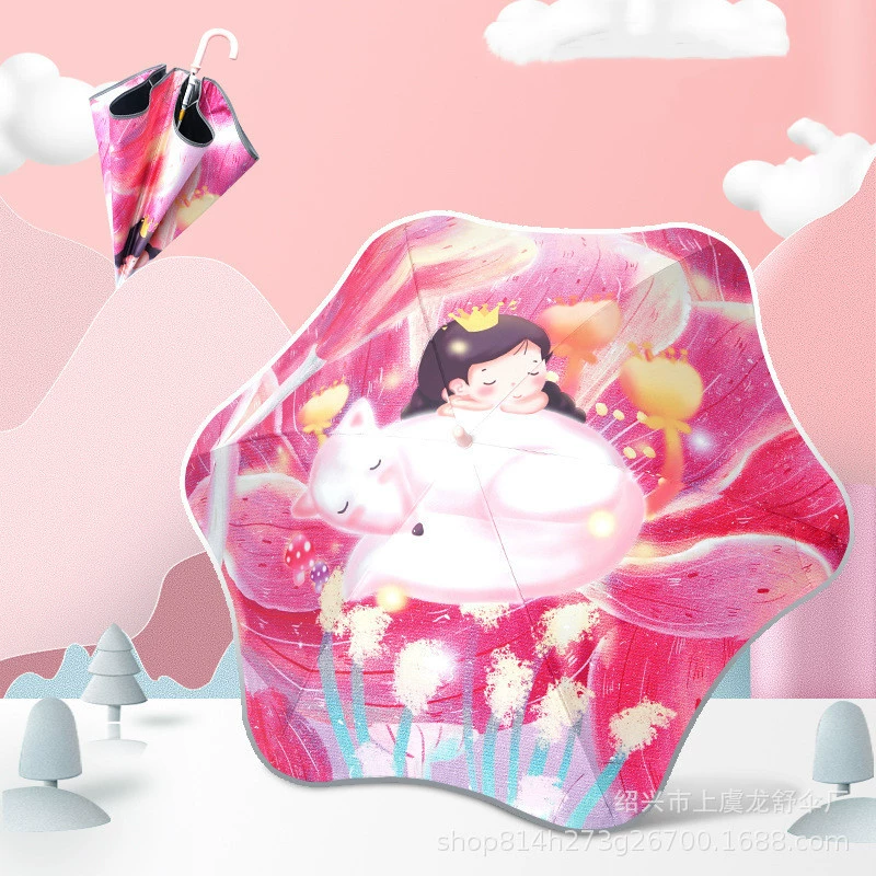 Милый мультфильм прямой стержень закругленный анти-тычок зонт для начальной школы детский логотип на заказ Солнечный и дождь зонт двойного назначения оптом