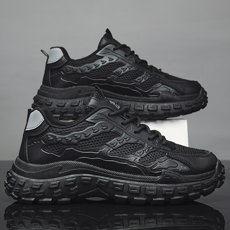 Men's Winter Work Shoes with Breathable, Wear-Resistant, Non-Slip Tire Soles, Black Athletic Height-Increasing Dad Sneakers