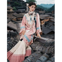 新中式国风粉色上衣设计感小众女古着vintage少数民族风套装