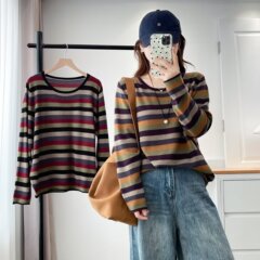 200斤胖妹妹秋季新款复古休闲条纹针织衫大码女装休闲毛衣7983