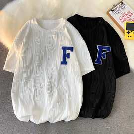 棉毛巾绣纹条短袖t恤女夏季港风韩版宽松设计感半袖体恤上衣ins潮