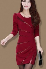 春秋大码女装长袖亮片拼接修身连衣裙包臀职业中年妈妈婚宴裙