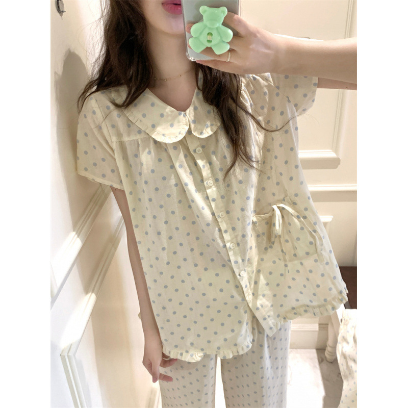 Korean Ins Cream Polka Dot Sweet Lace Doll Collar Cute Home Wear Pajama Set