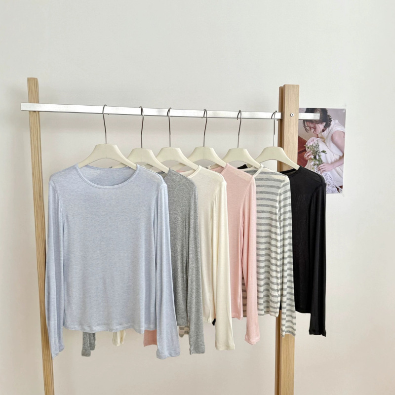 In-Stock Tencel Modal Lightweight Base Shirt for Women, Silk Wool Round-Neck Top, Long-Sleeve T-Shirt, Slightly Sheer