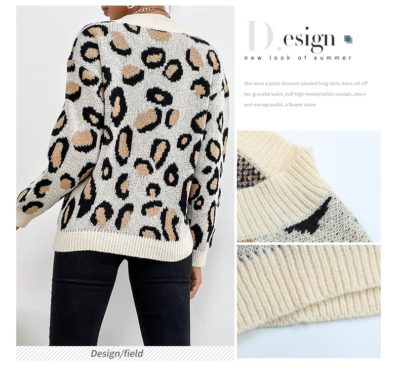Maglione a maniche lunghe sciolto girocollo lavorato a maglia con stampa leopardata_voghion.com
