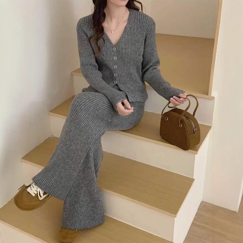 韩系休闲风穿搭套装女秋冬时尚纯色运动针织毛衣阔腿裤两件套装女|undefined
