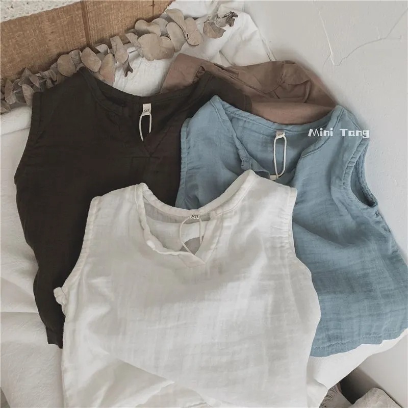 Literary Style~Korean Gauze Cotton Kidsren's Sleeveless Vest 2024 Summer Clothes for Boys and Girls Baby Small Casual Super Korean Tops