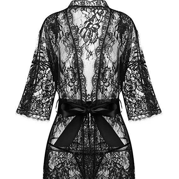 Five-Quarter Sleeve Lace Kimono Pajama Set, Sexy Women's Lingerie, European and American Christmas Loungewear, Cross-Border Supply Five-Quarter Sleeve Lace Kimono Pajama Set, Sexy Women's Lingerie, European and American Christmas Loungewear, Cross-Border Supply
