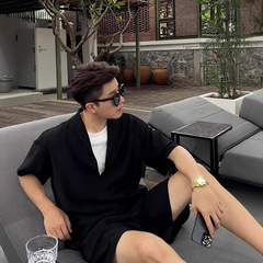 假两件亚麻短袖衬衫男夏季轻熟风穿搭套装老钱风美式冰丝速干短裤