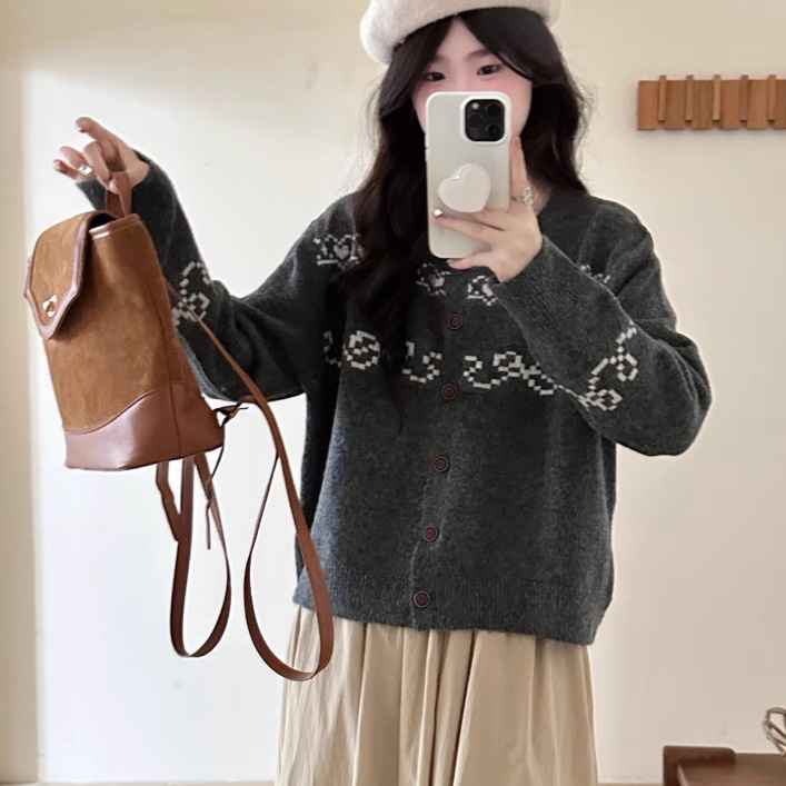 レトロな花柄刺繍ジャカードデザインニッチ長袖セーターカーディガンカラーブロックセーターシングルブレストジャケット女性用|undefined