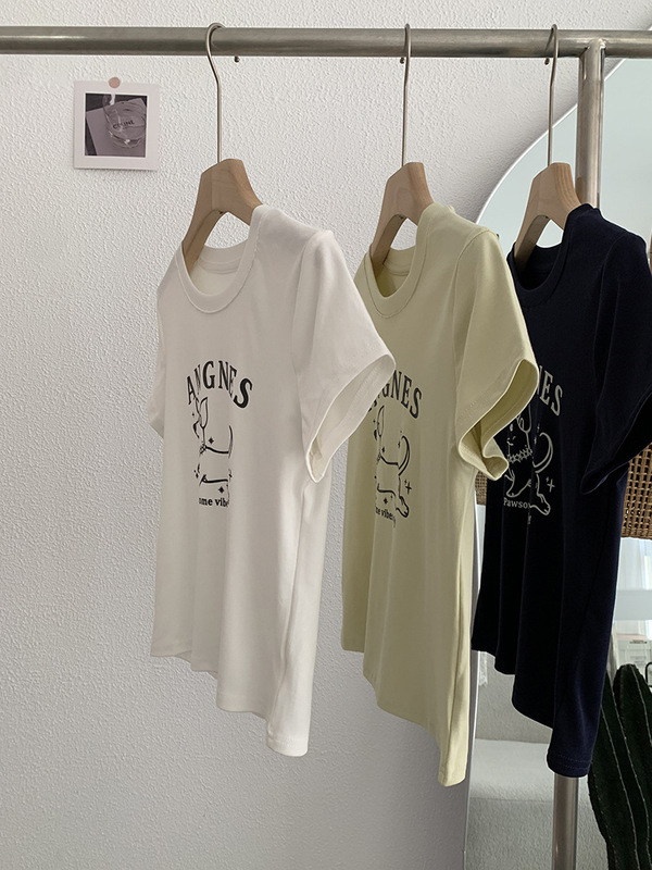 Omalai 漫画犬プリント右肩スリムフィットラウンドネック半袖 Tシャツ女性のトップ夏の新スタイル 3819|undefined