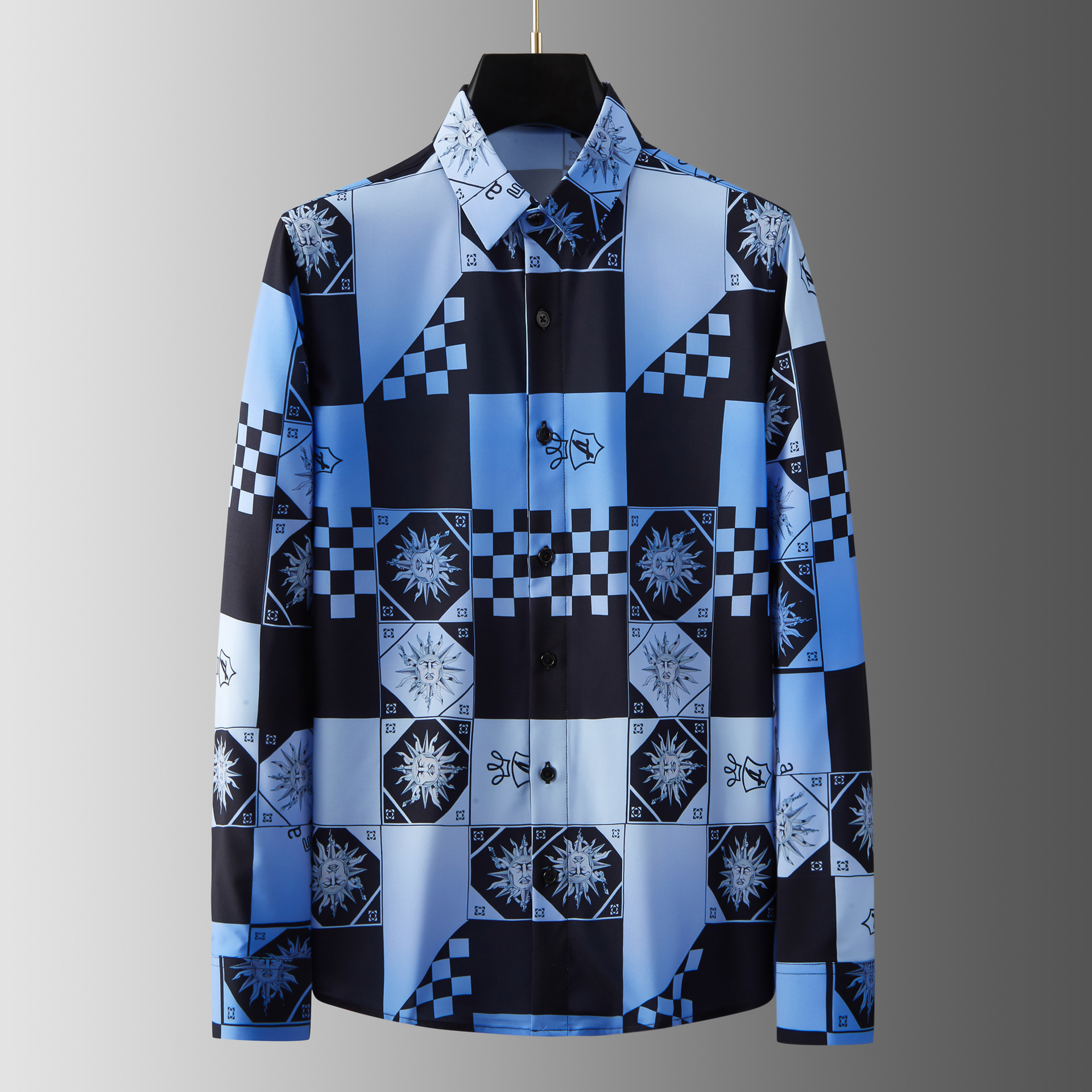 蓝色渐变几何图案印花长袖男士衬衫修身免烫抗皱垂直感设计感衬衣