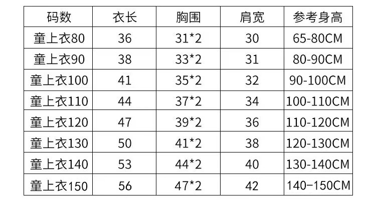 童衣尺码表
