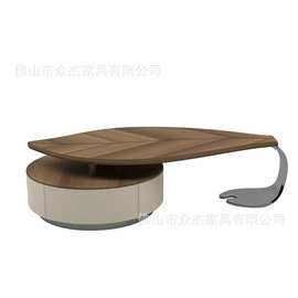 现代简约树叶实木异形小户型设计师艺术客厅家用中古风马鞍皮茶几