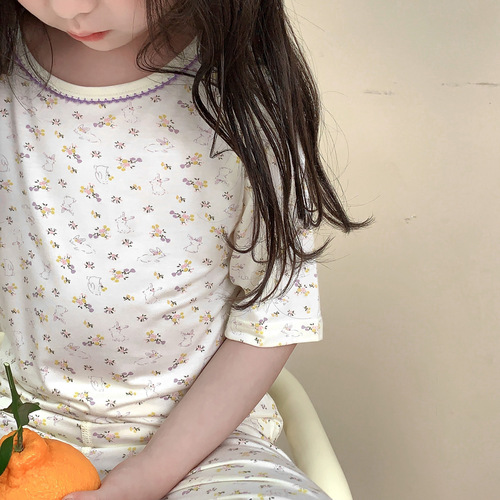 Yasarel Children's Summer Thin Pure Cotton Seven-Sleeve Baby Air Conditioning Suit for Boys and Girls Homecoming Set