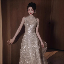 香槟色亮片晚礼服生日派对挂脖长裙学生艺考成人礼高端主持人礼服