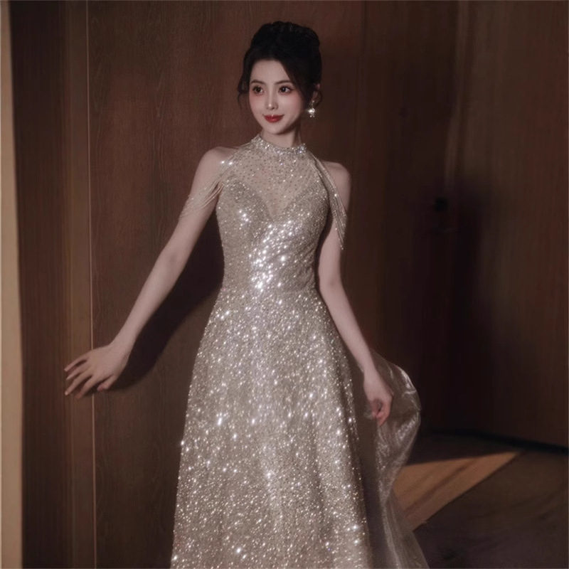 香槟色亮片晚礼服生日派对挂脖长裙学生艺考成人礼高端主持人礼服