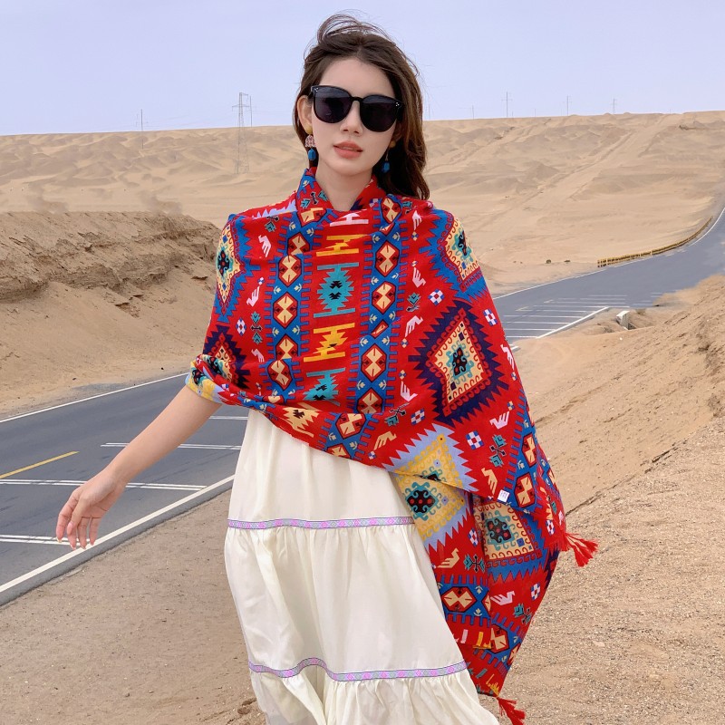 Retro estilo étnico rojo bohemio geométrico impresión viajes protector solar chal de algodón y lino sensación exterior bufanda para las mujeres