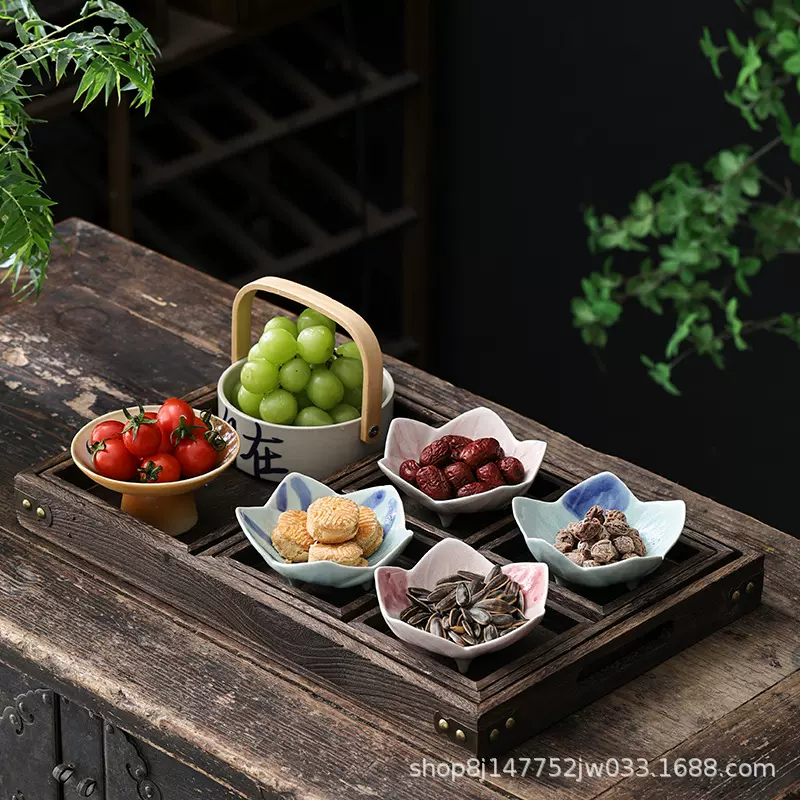 围炉煮茶陶瓷水果盘木制托盘家用干果零食分格果盘蘸料小吃碟套装