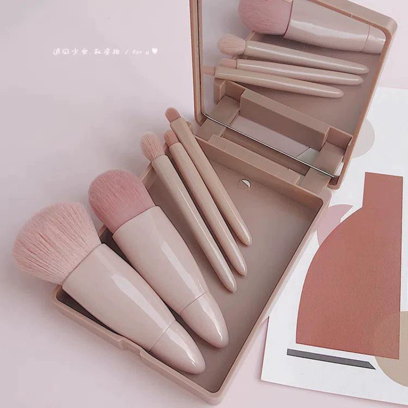 Handheld Face Brush Set, 5-piece Portable Compact with Mirror, Pink Makeup Brushes