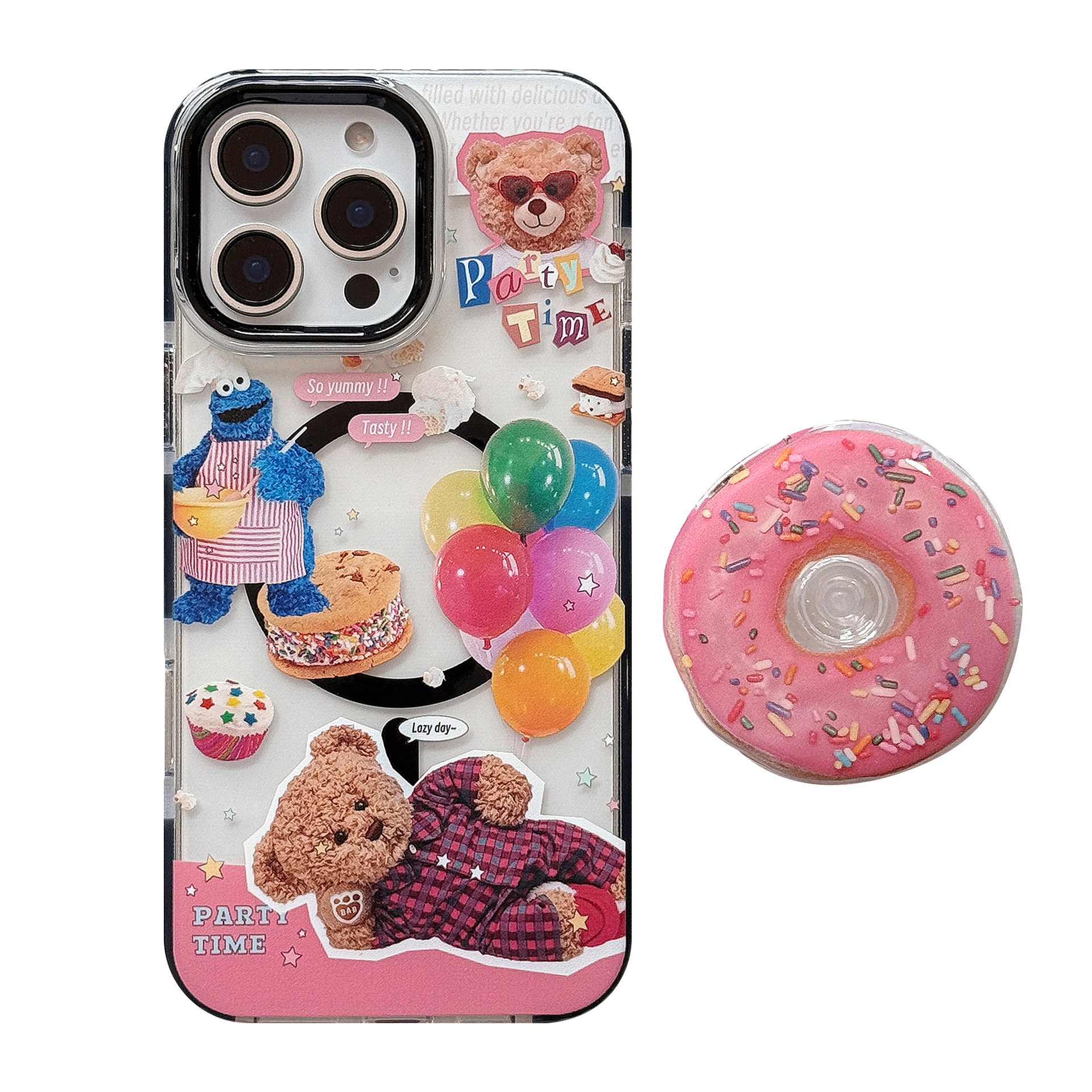 Funda magnética transparente para iPhone 17, estilo Donut Stand 16 Pro Max, adecuada para niños, diseño de oso infantil, funda suave para iPhone 13/14