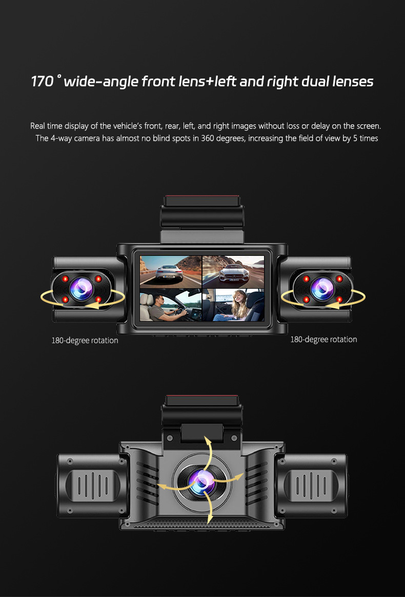 3inch Large-screen quad-recording dashcam with infrared night vision, gravity sensor, radar, parking sentinel, and in-car recorder