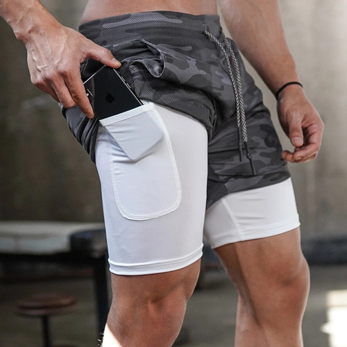 foreign trade new men's running sports and leisure outdoor loose multi-pocket double-layer fitness shorts