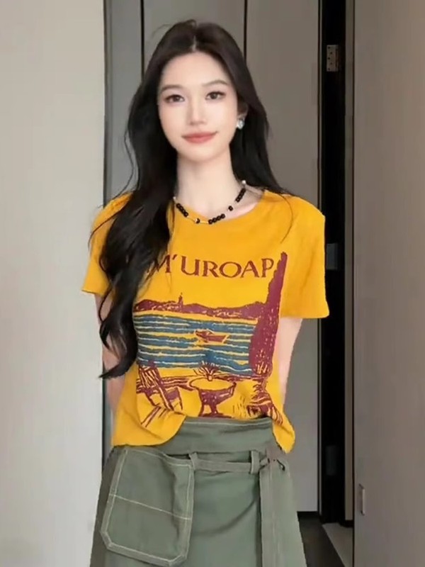 オレンジプリントラウンドネックショルダー半袖Tシャツ女性用2025夏の新しいファッション年齢を減らすルーズスリミングトップ|undefined