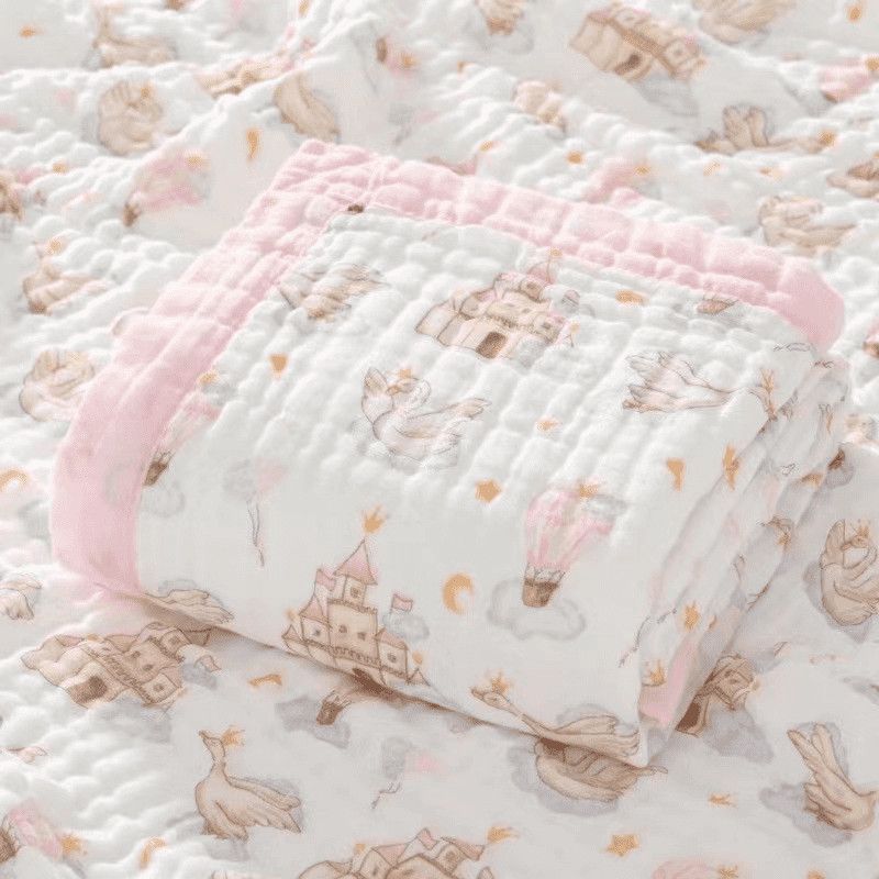 [6겹 넓은 가장자리] 핑크 캐슬 110*110cm 피부 친화적인 코마 면