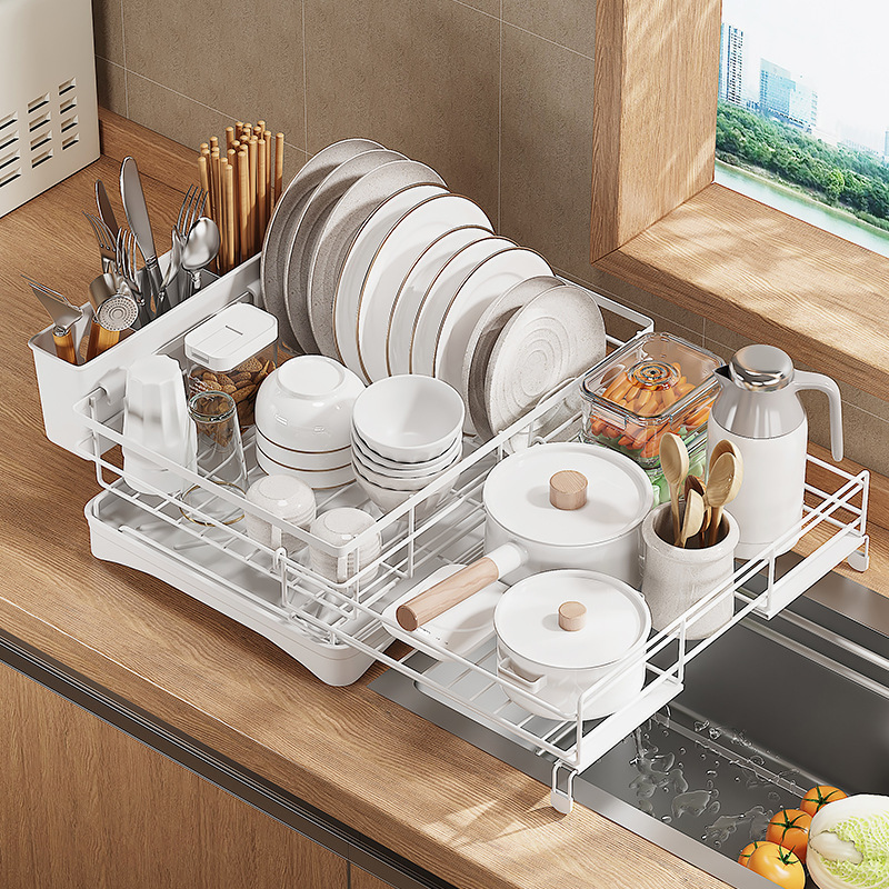 Estante para platos de drenaje de cocina, vajilla para el hogar, estante para almacenamiento de tazas, encimera, estante para vajilla retráctil multifuncional