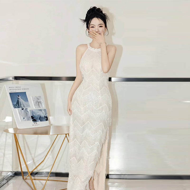 Sequin Light Wedding Dress Fine Flash High-end Light Luxury White Neck French Style Out-door Gauze Fish Tail Tassel Morning Gown Dress Slimming