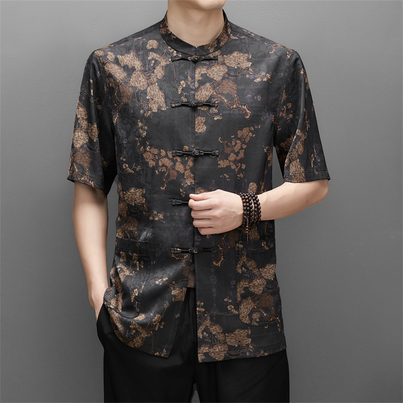 Bộ đồ lụa tơ tằm nam phong cách Trung Hoa mùa hè mỏng, quần dài tay ngắn dáng rộng — Bộ đồ đen 2280