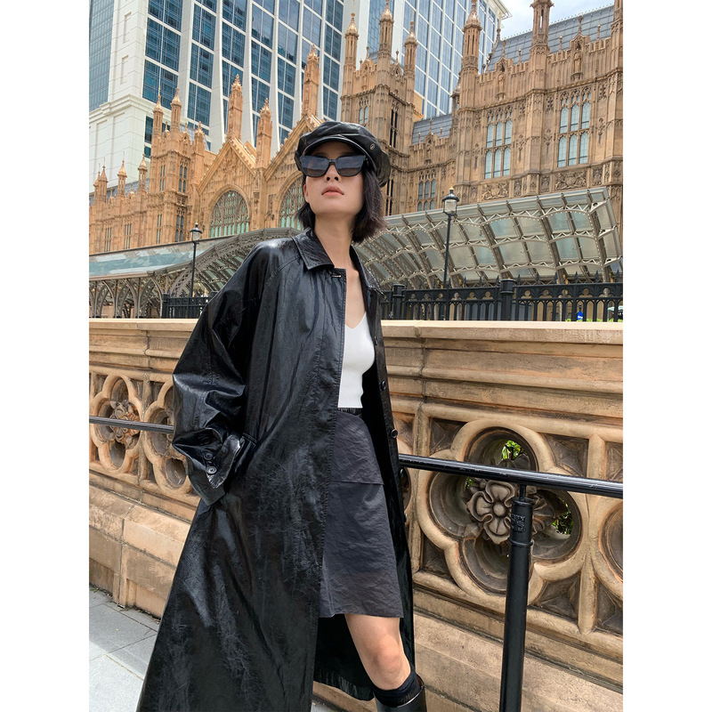 Comos Cms 2026 Autumn Retro Pu Shiny Leather Long Trench Coat Elegant Lapel Long Jacket New Style 255065 Comos Cms 2026 Autumn Retro Pu Shiny Leather Long Trench Coat Elegant Lapel Long Jacket New Style 255065