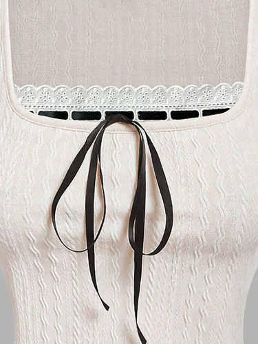 Elegant women's lace-trimmed, slim-fit, V-neck top in a milky white tone, exuding sweet, gentle, and charming temperament.