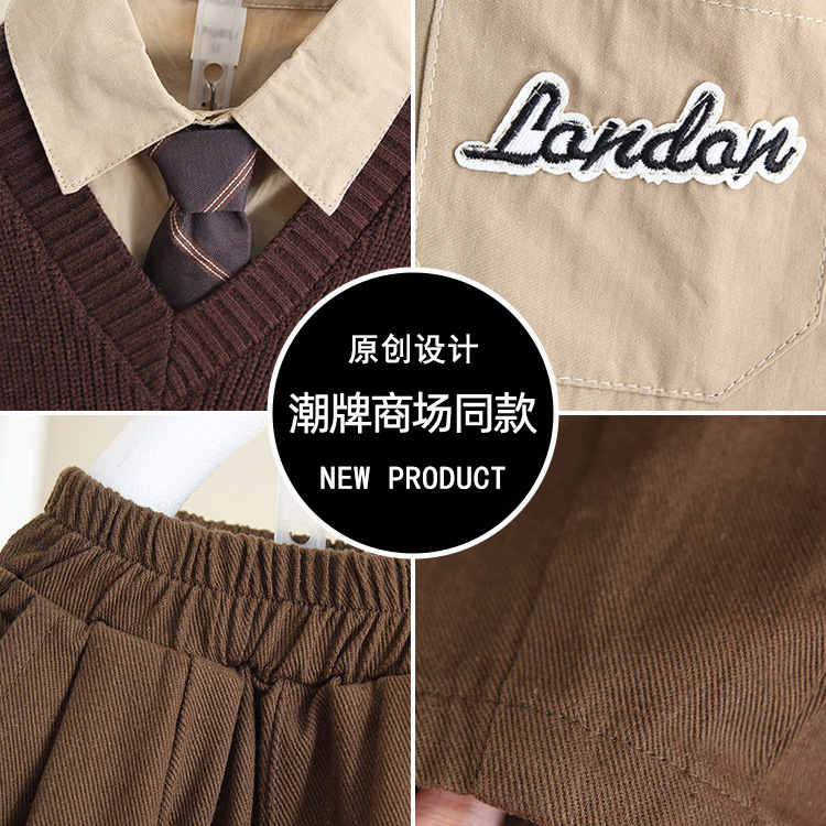 6285 Traje para niños Chaleco de otoño para niños 2025 Primavera y otoño Nuevo estilo Camisa de corbata de otoño para niños Tren de tres piezas