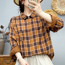 双层棉纱长袖格子衬衫女秋出口柔软亲肤透气纯棉双面色织上衣
