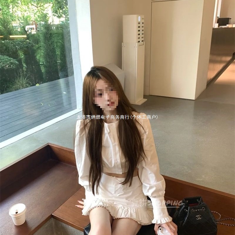 French-style pure and alluring round neck formal long-sleeved short shirt, summer high-waisted ruffled hip-hugging two-piece set