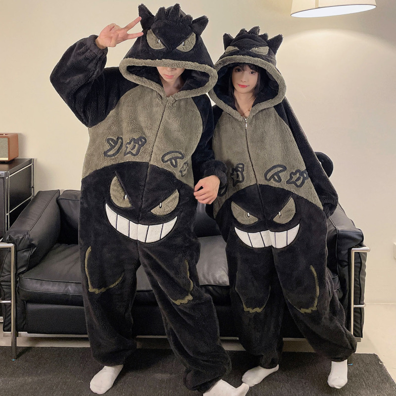 ワンピースのカップルのパジャマの女性の珊瑚の絨毯は厚いです。秋冬の男性のファスナーのフランネルの家の服は一体になります。|undefined
