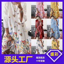 2025跨境春夏季新款欧美女装复古印花圆领连衣裙数码印花多色短裙