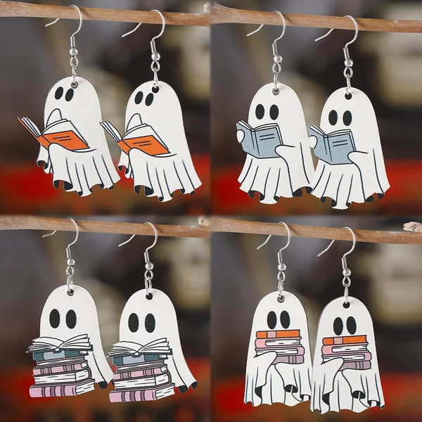 Cross-Border Halloween Book Ghost Earrings Wooden Gothic Style Double-Sided Earrings Halloween Book Enthusiasts Gift
