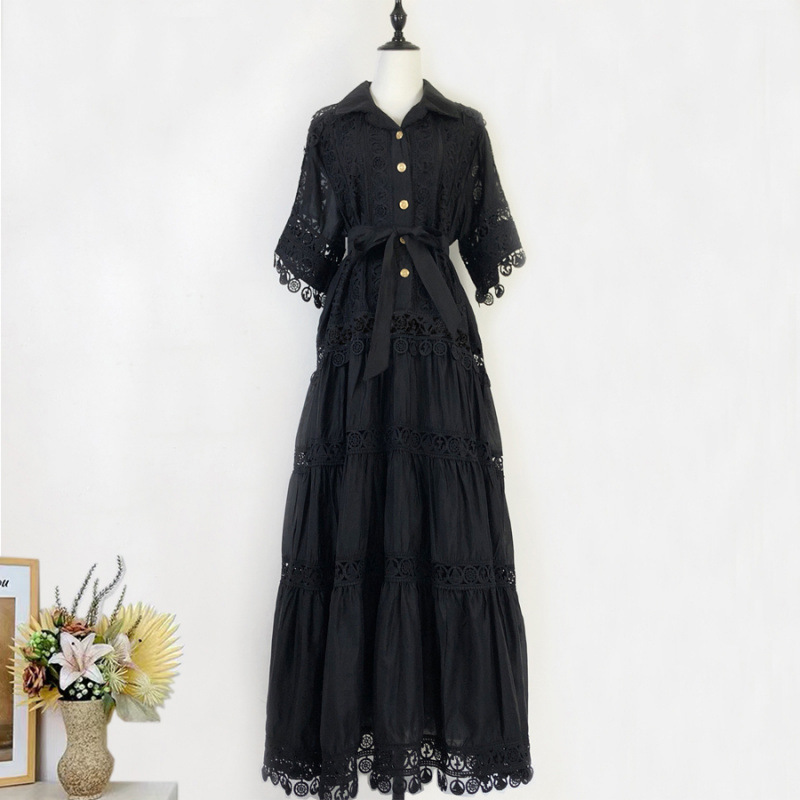 A large number of in stock of Australia's new heavy industry lace lapel short sleeve tall ultra-long large swing dress dress women