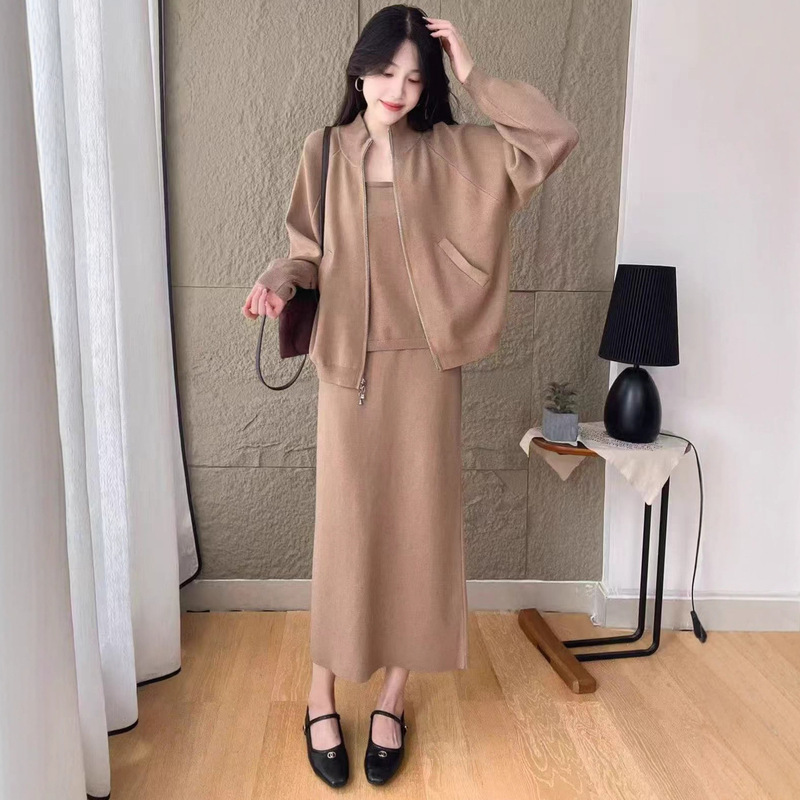 松弛感秋冬时尚套装女休闲拉链毛衣开衫+吊带+针织半身裙三件套女|undefined