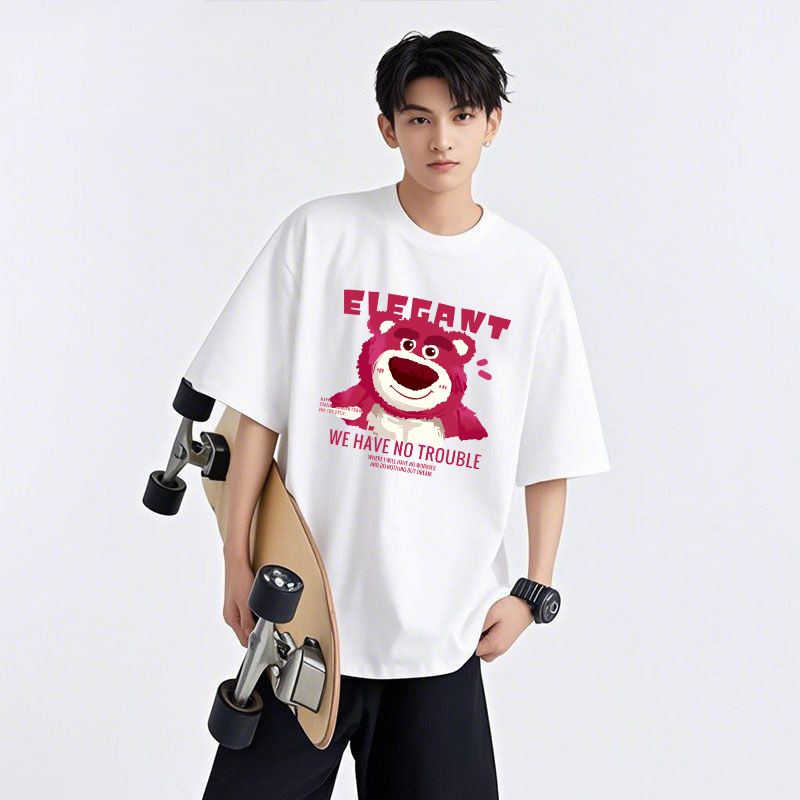 Strawberry Bear impresión versátil comercio exterior inns top de cuello redondo 2026 camiseta de manga corta casual blanco T pareja ropa para hombres y mujeres
