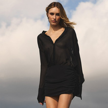 D314DS欧美跨境POLO领长袖雪纺面料透视感纯色收腰短款包臀连衣裙