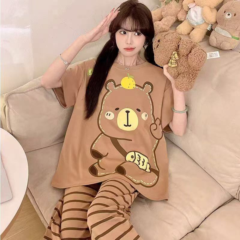 睡衣女春秋款5XL码新款短袖长裤女士印花可爱可外穿家居服套装|undefined