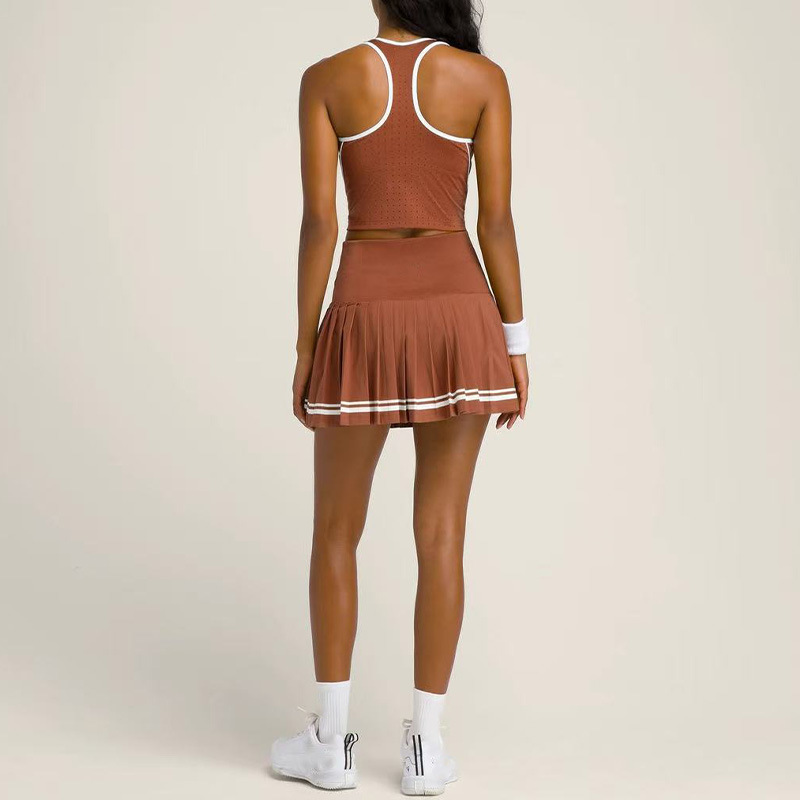 Cross-Border Color-Blocking Sports Set for Women, High-Waisted Pleated Skirt with Anti-Exposure Design, Tennis Skirt with Mesh Breathable Sports Vest