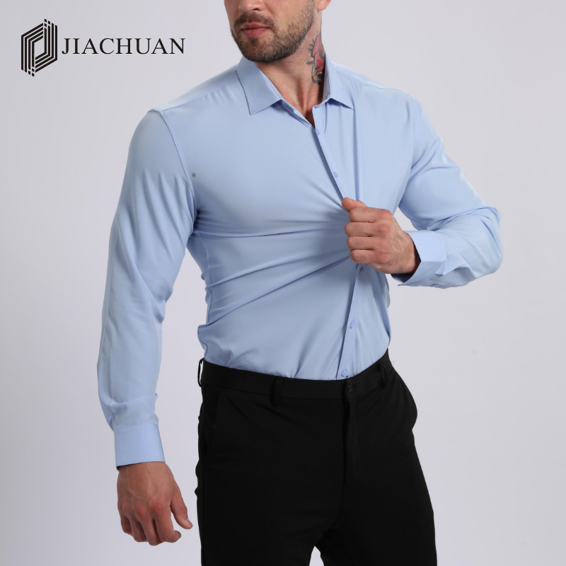 Jiachuan Clothing Cross-Border Four-Way Stretch Natural Color Button Men's Plus Size Shirt Non-Ironing Anti-Wrinkle Business Amazon Shirt