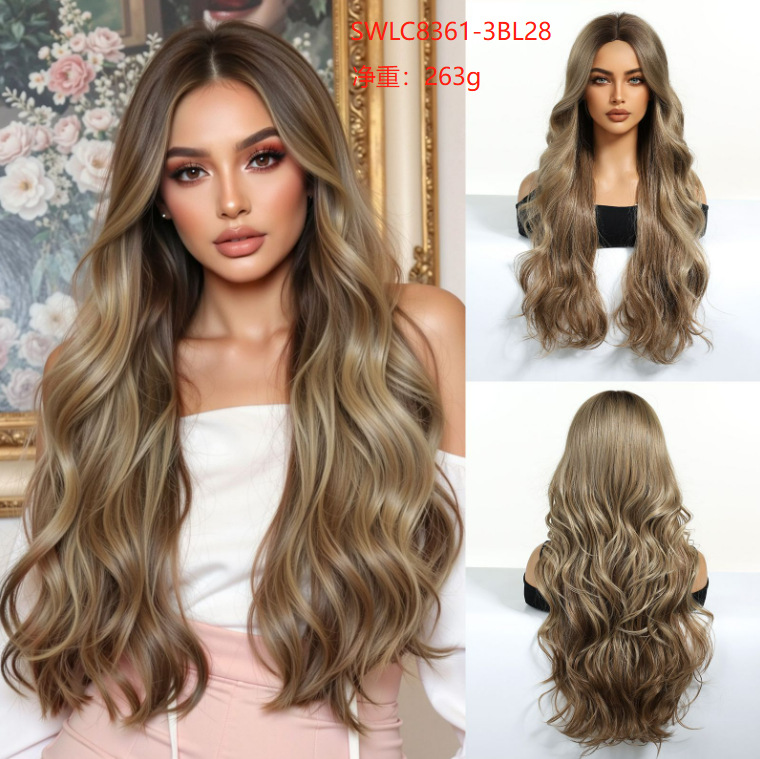 Peluca de moda para mujer, estilo transfronterizo, con raya en medio, castaño degradado, cabello largo rizado, ondas grandes, fibra mate resistente al calor, peluca completa.